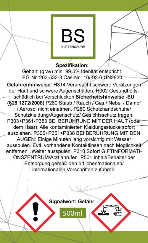 Buttersäure hochrein – 1 × 500 ml (1 Liter) – Laborqualität – Butyric Acid